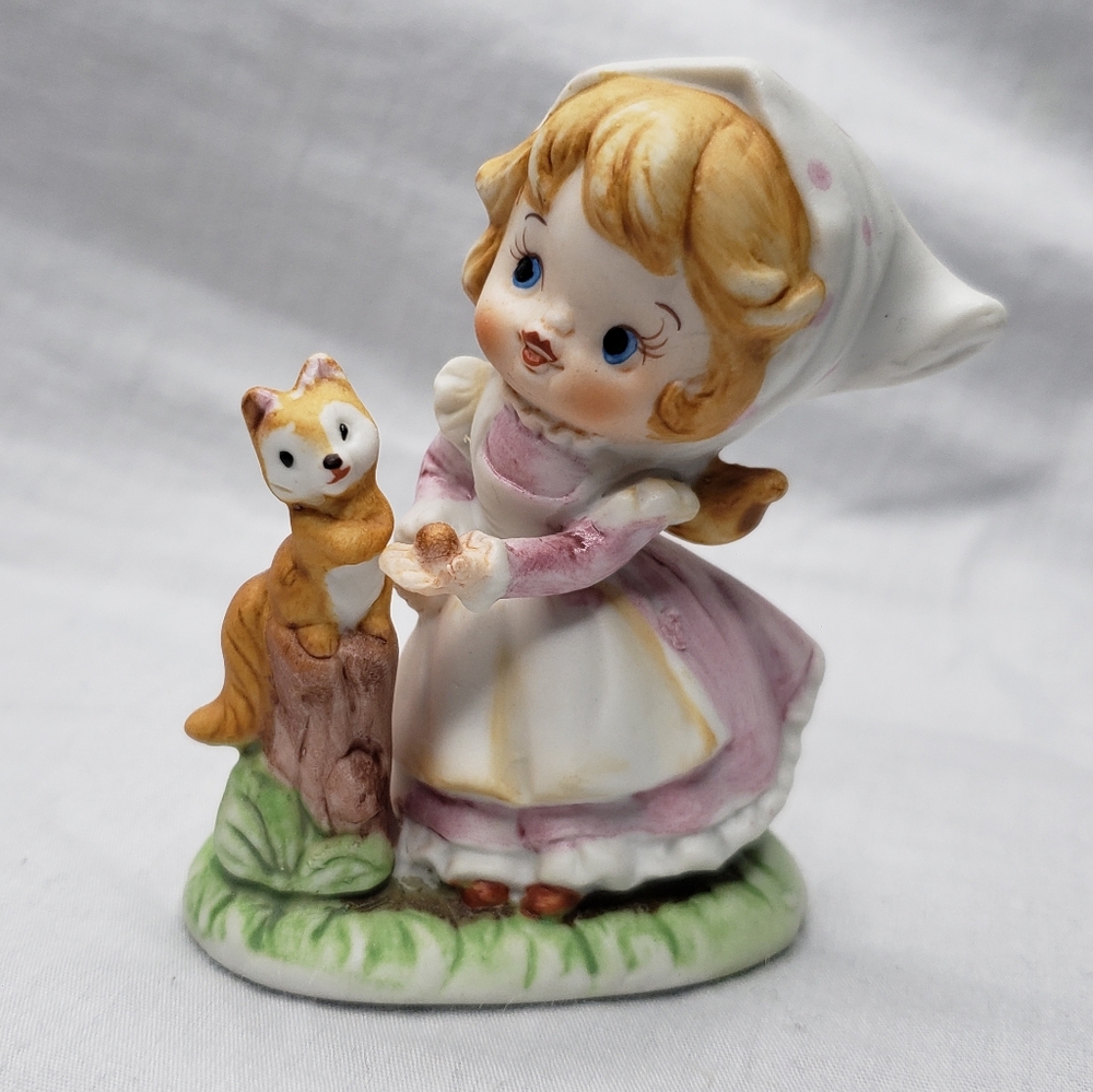 Vintage Ceramic Girl Figurine with Squirrel Autumn Fall Decor